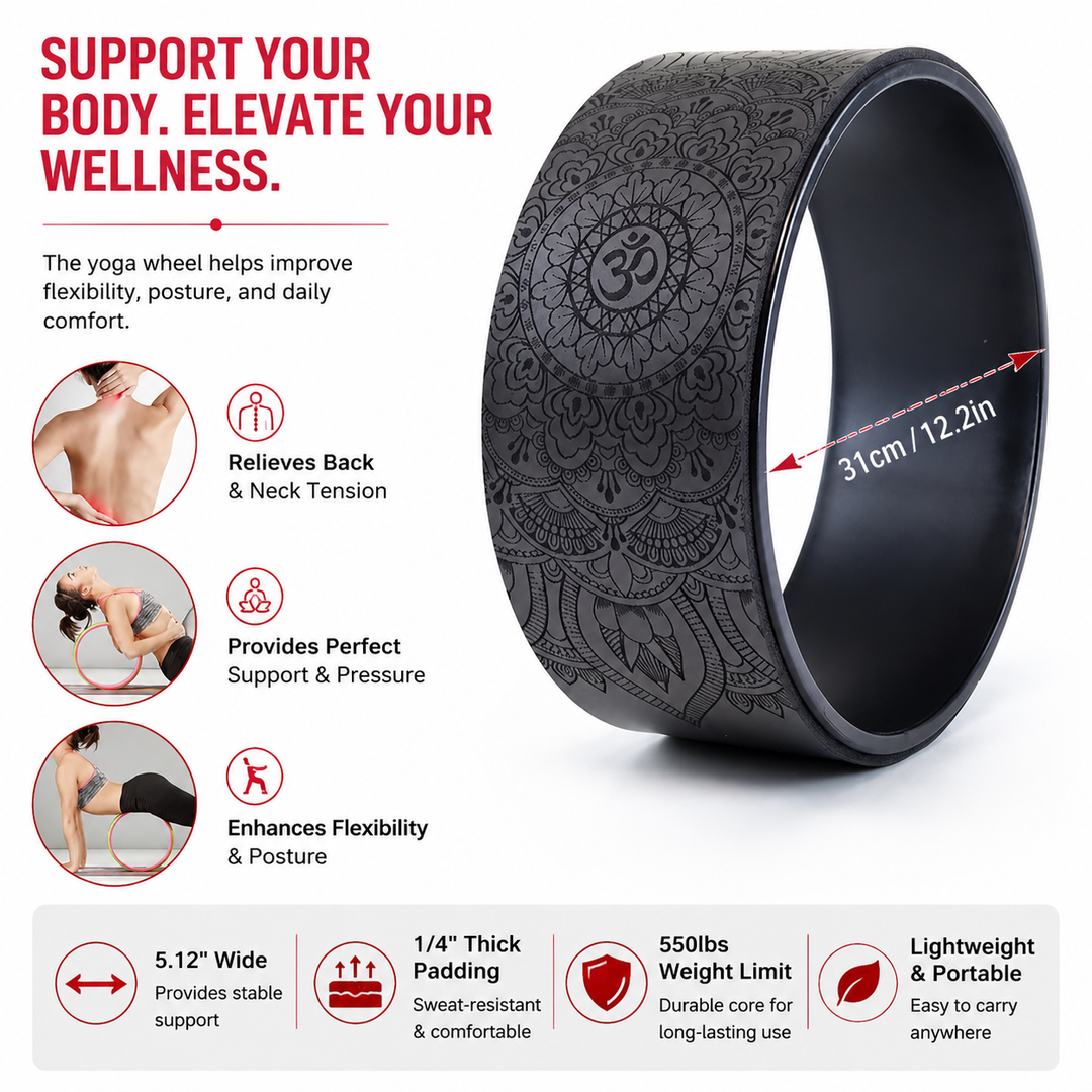 Premium 12.2 Inch Yoga Wheel Back Pain Relief Myofascial Release Spine Support Wheel Durable PU Rubber 200kg Capacity Flexibility Training Yoga Prop
