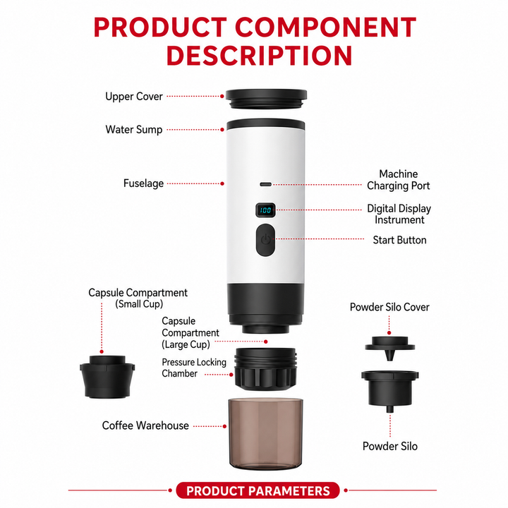 Premium 15 Bar Portable Espresso Machine Wireless Coffee Maker 3 in 1 Capsule Ground Self Heating Rechargeable Travel Espresso Coffee Maker