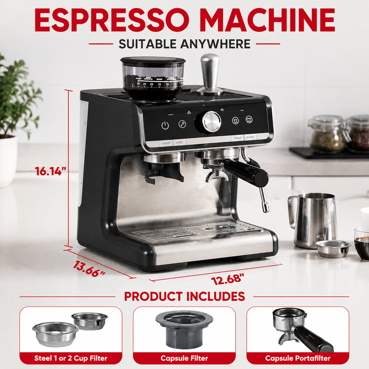 Premium 20 Bar Espresso Machine with Integrated Grinder 1450W Professional Barista Coffee Maker Conical Burr Grinder Steam Wand PID Temperature Control Home Use