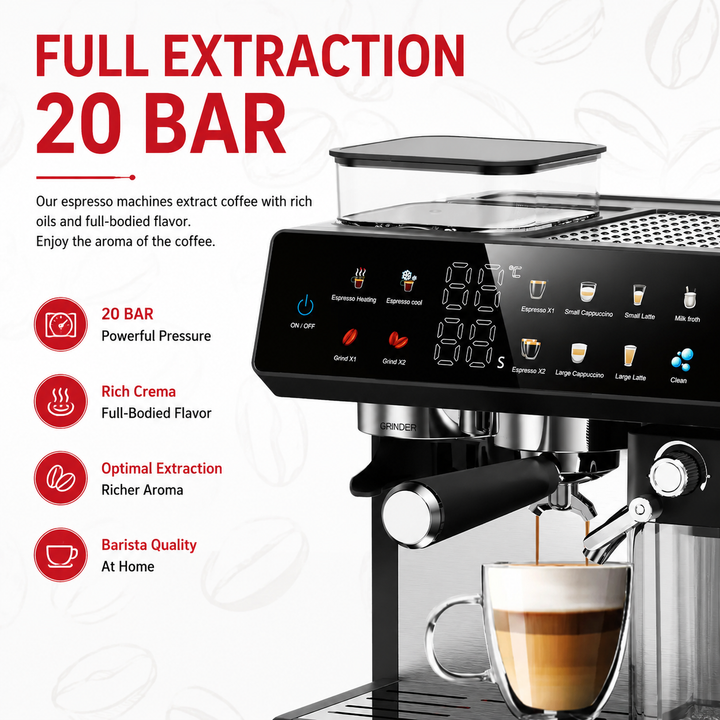 Premium 220V Semi Automatic Espresso Coffee Machine Built In Grinder Coffee Maker Bean to Cup Espresso Brewer Home Commercial Use 5 Cup Capacity