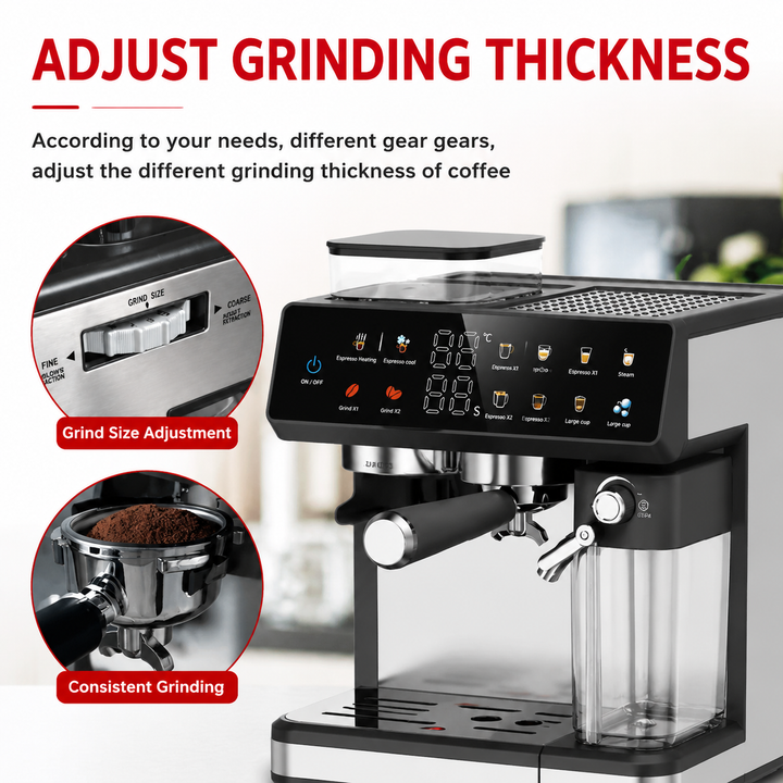 Premium 220V Semi Automatic Espresso Coffee Machine Built In Grinder Coffee Maker Bean to Cup Espresso Brewer Home Commercial Use 5 Cup Capacity