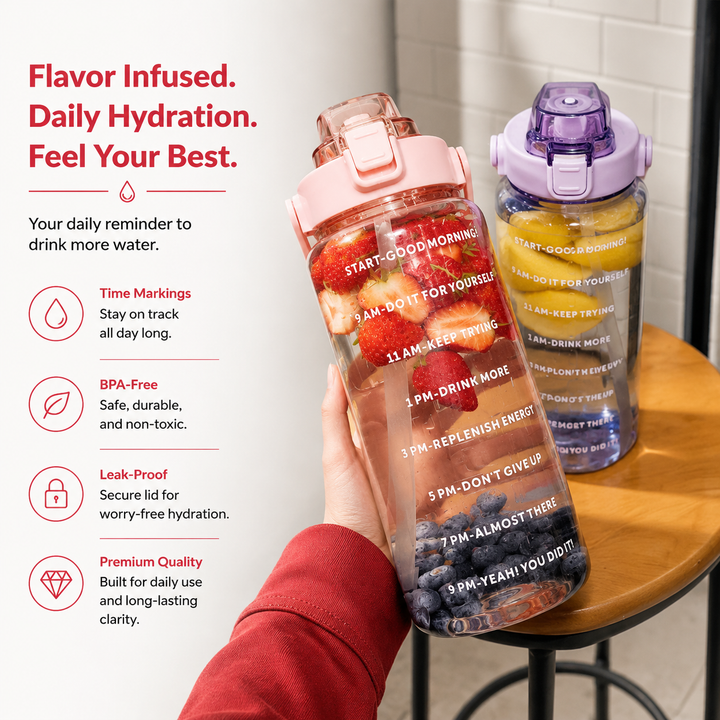 Premium 2L Motivational Water Bottle 68oz BPA Free Large Water Jug with Time Marker Straw Leakproof Gym Office Travel Hydration Tracker Sports Bottle