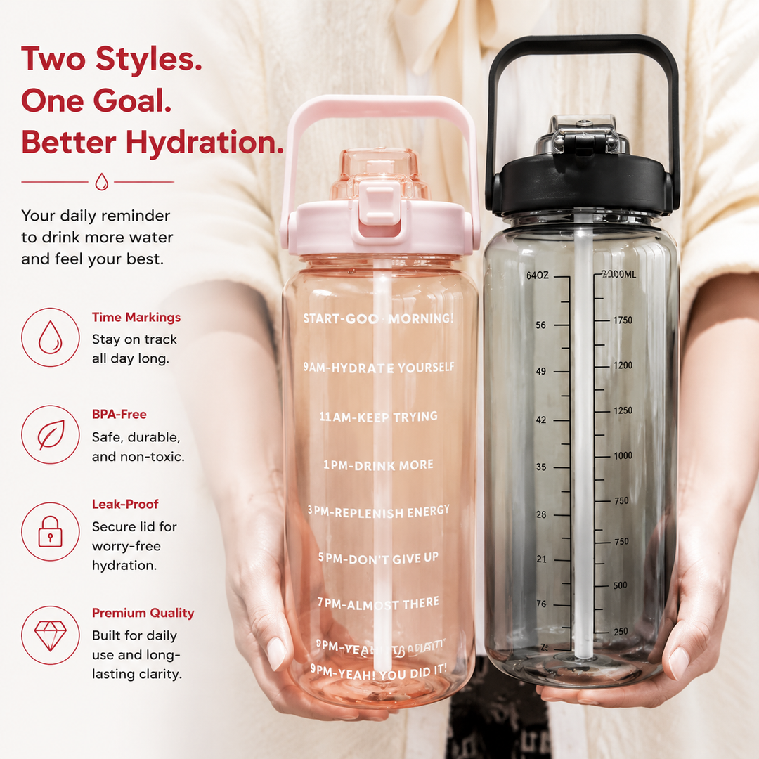 Premium 2L Motivational Water Bottle 68oz BPA Free Large Water Jug with Time Marker Straw Leakproof Gym Office Travel Hydration Tracker Sports Bottle