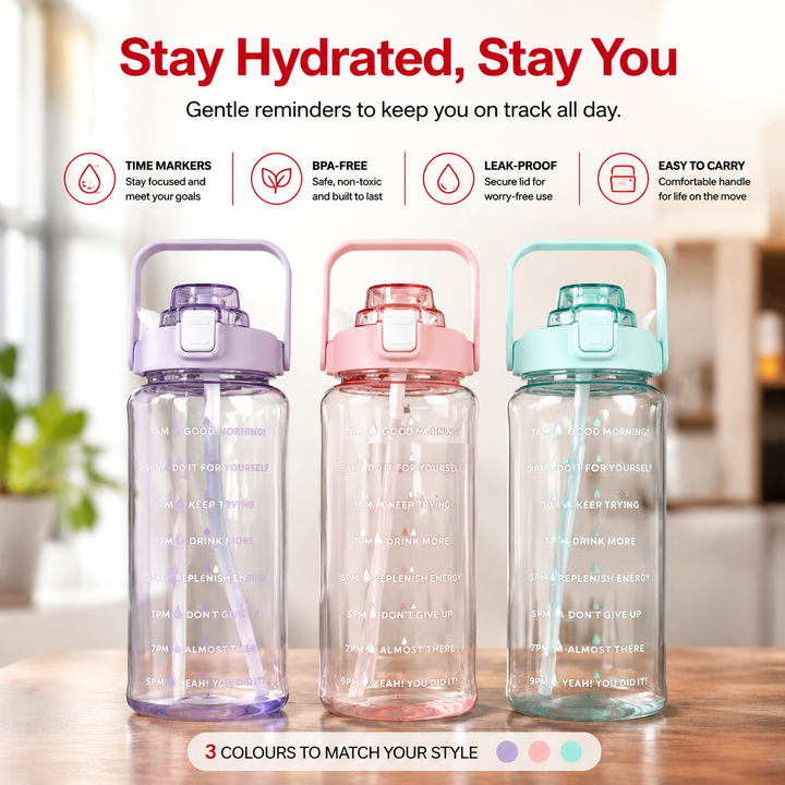 Premium 2L Motivational Water Bottle 68oz BPA Free Large Water Jug with Time Marker Straw Leakproof Gym Office Travel Hydration Tracker Sports Bottle