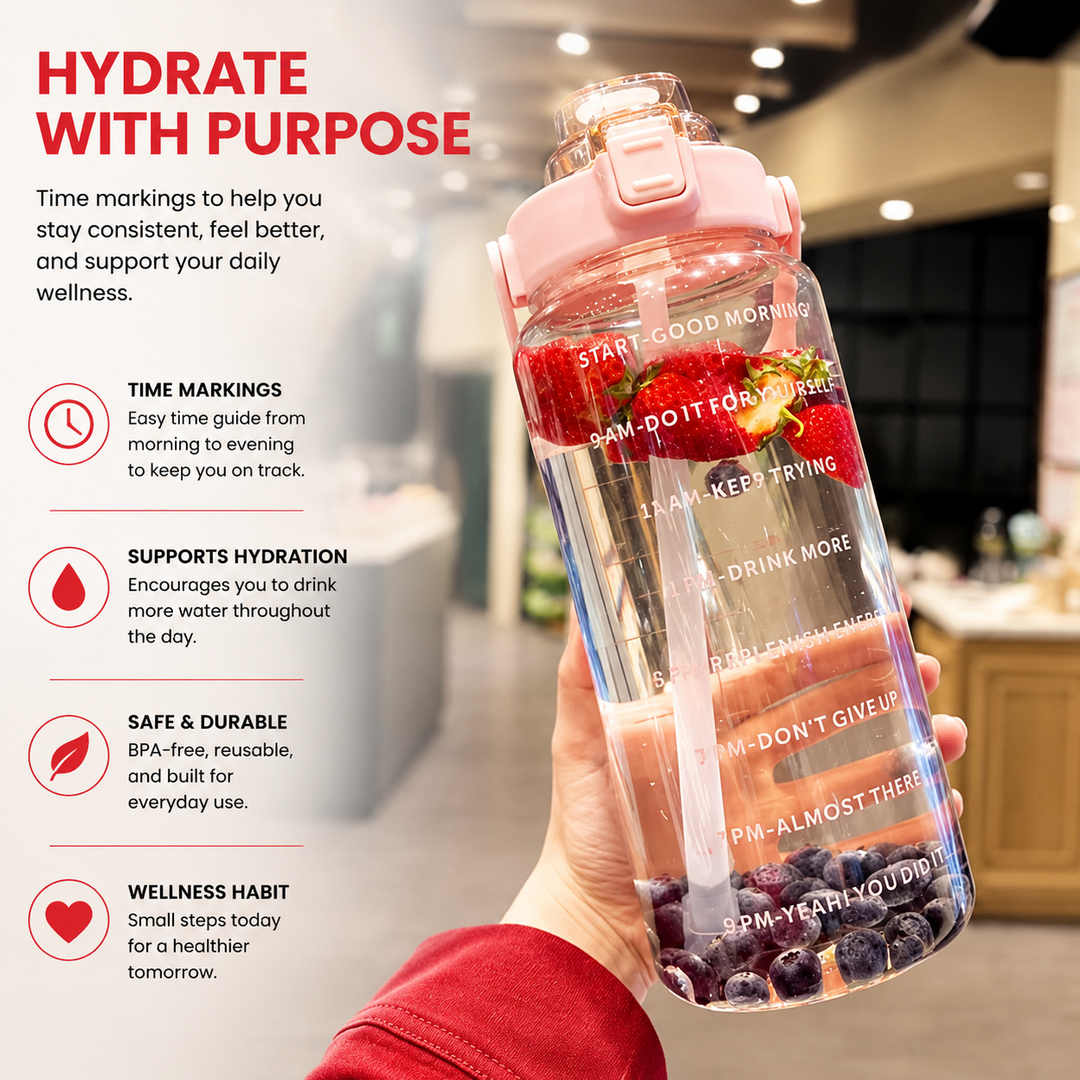 Premium 2L Motivational Water Bottle 68oz BPA Free Large Water Jug with Time Marker Straw Leakproof Gym Office Travel Hydration Tracker Sports Bottle