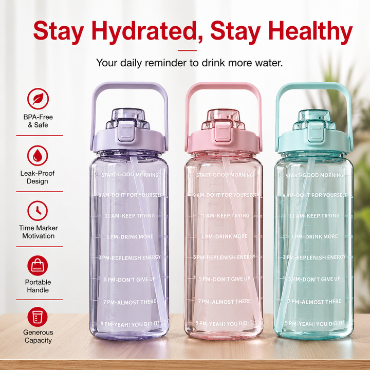 Premium 2L Motivational Water Bottle 68oz BPA Free Large Water Jug with Time Marker Straw Leakproof Gym Office Travel Hydration Tracker Sports Bottle