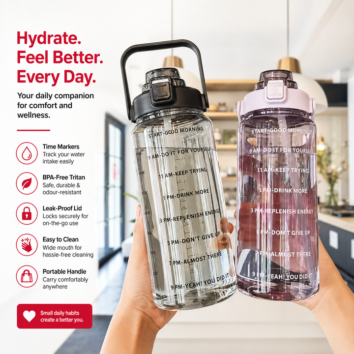 Premium 2L Motivational Water Bottle 68oz BPA Free Large Water Jug with Time Marker Straw Leakproof Gym Office Travel Hydration Tracker Sports Bottle