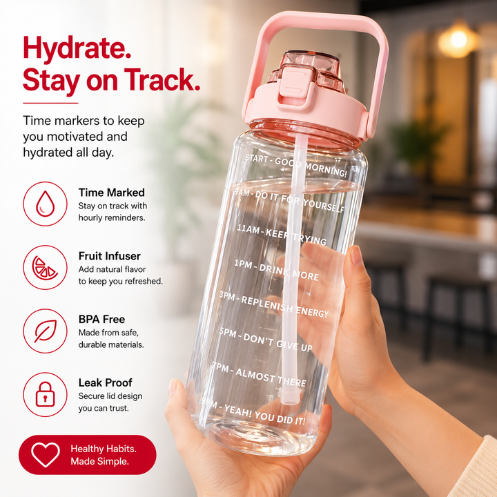 Premium 2L Motivational Water Bottle 68oz BPA Free Large Water Jug with Time Marker Straw Leakproof Gym Office Travel Hydration Tracker Sports Bottle