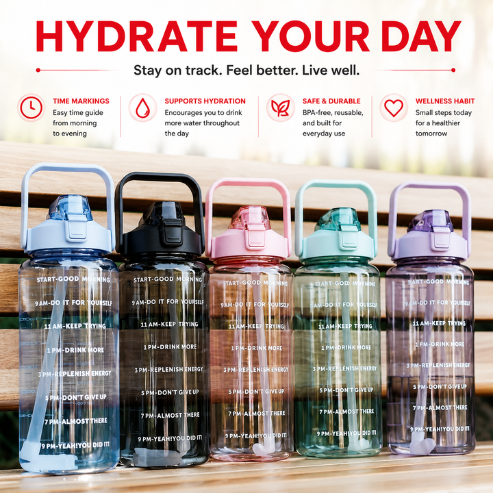 Premium 2L Motivational Water Bottle 68oz BPA Free Large Water Jug with Time Marker Straw Leakproof Gym Office Travel Hydration Tracker Sports Bottle