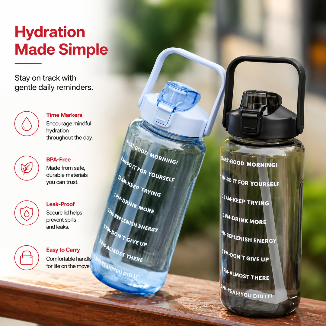Premium 2L Motivational Water Bottle 68oz BPA Free Large Water Jug with Time Marker Straw Leakproof Gym Office Travel Hydration Tracker Sports Bottle
