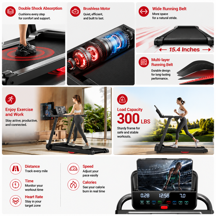 Premium 3.0HP Brushless Foldable Treadmill 300 lb Capacity Home Running Machine with Dual Shock Absorption Heart Rate Monitor Bluetooth LED Console