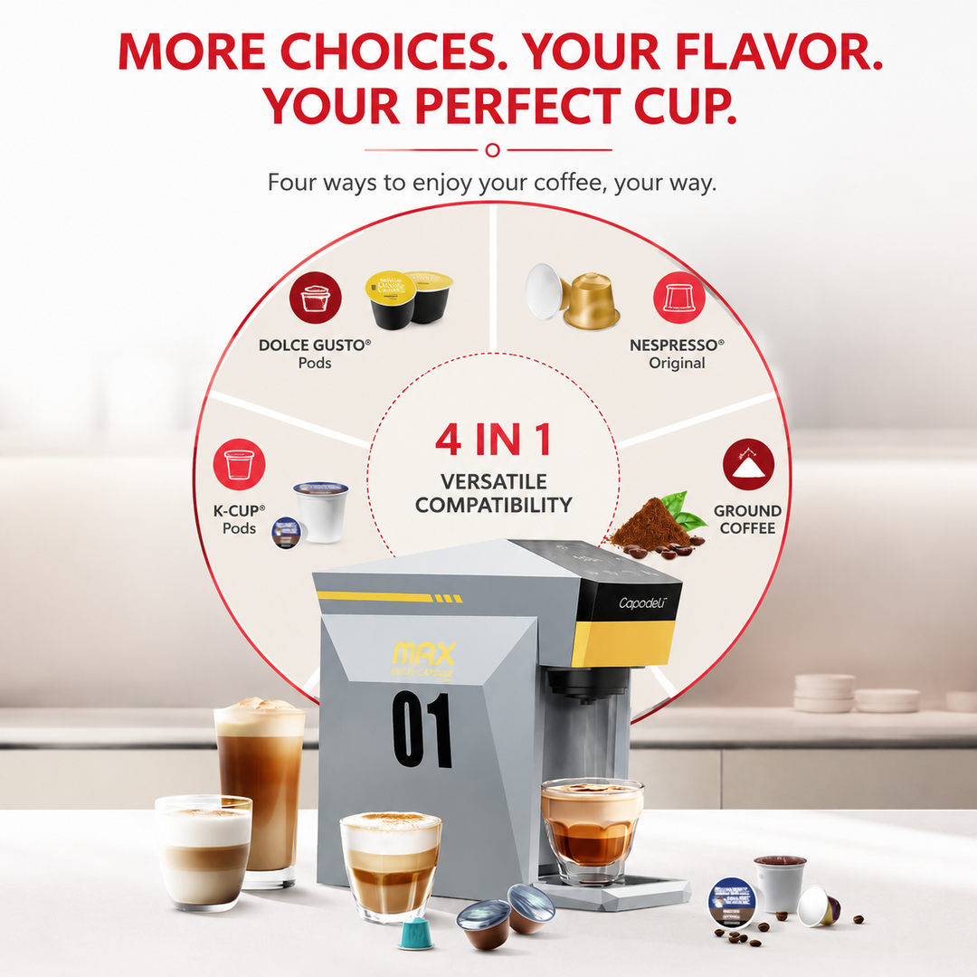 Premium 4-in-1 Coffee Machine Nespresso Dolce Gusto K-Cup and Ground Coffee Compatible 19 Bar Espresso Maker Compact Coffee Brewer