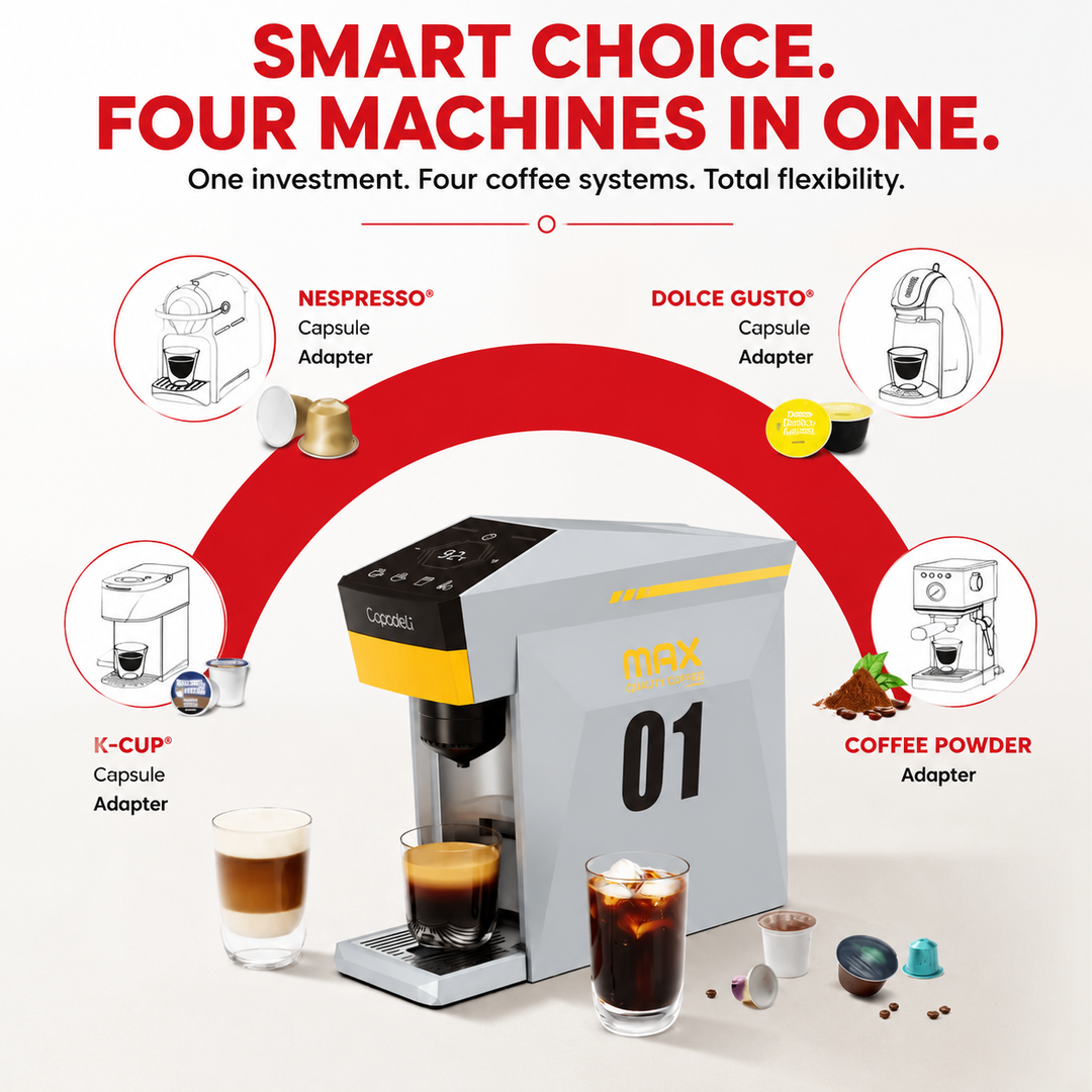 Premium 4-in-1 Coffee Machine Nespresso Dolce Gusto K-Cup and Ground Coffee Compatible 19 Bar Espresso Maker Compact Coffee Brewer