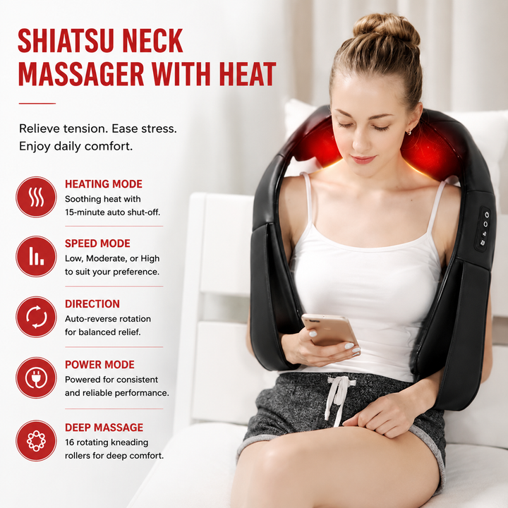 Premium 4D Shiatsu Neck Shoulder Massager Electric Kneading Heat Massage Pillow Back Full Body Car Home Use Portable Relaxation Therapy Device