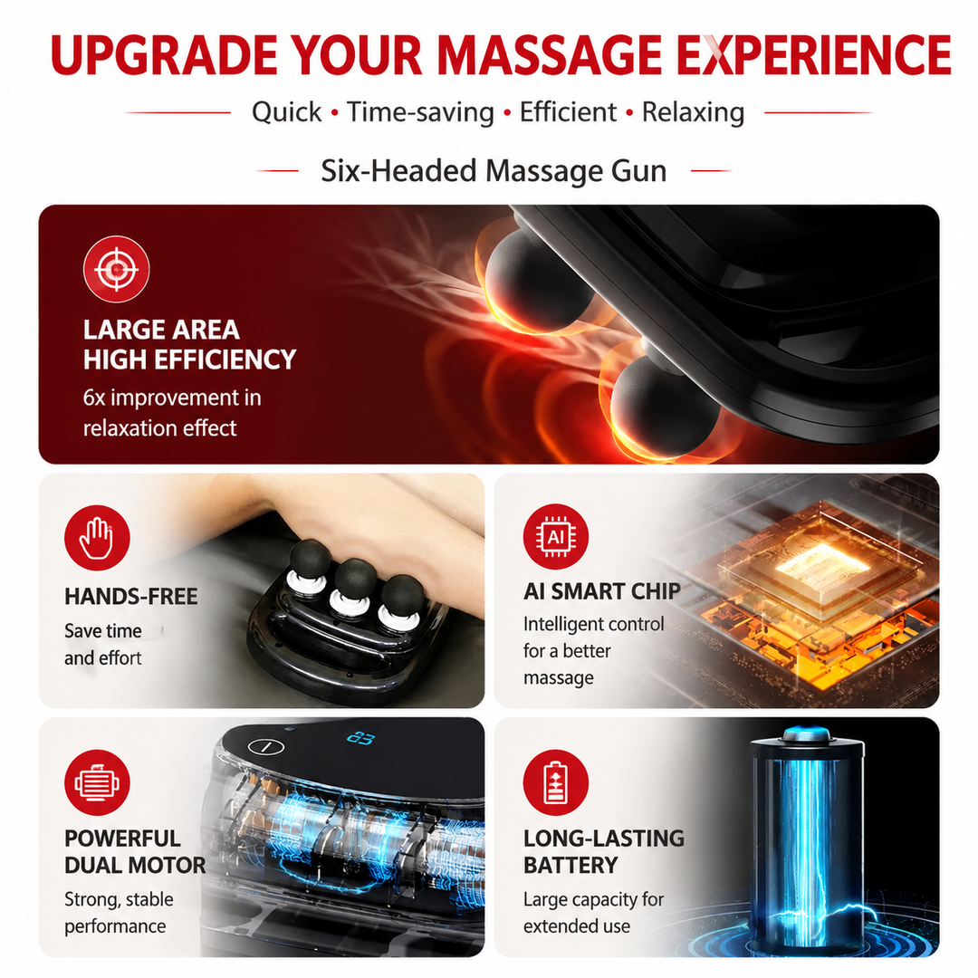 Premium 6 Head Massage Gun Deep Tissue Percussion Muscle Massager Multi Head Vibration Therapy Device Full Body Neck Back Shoulder Relief Rechargeable Cordless