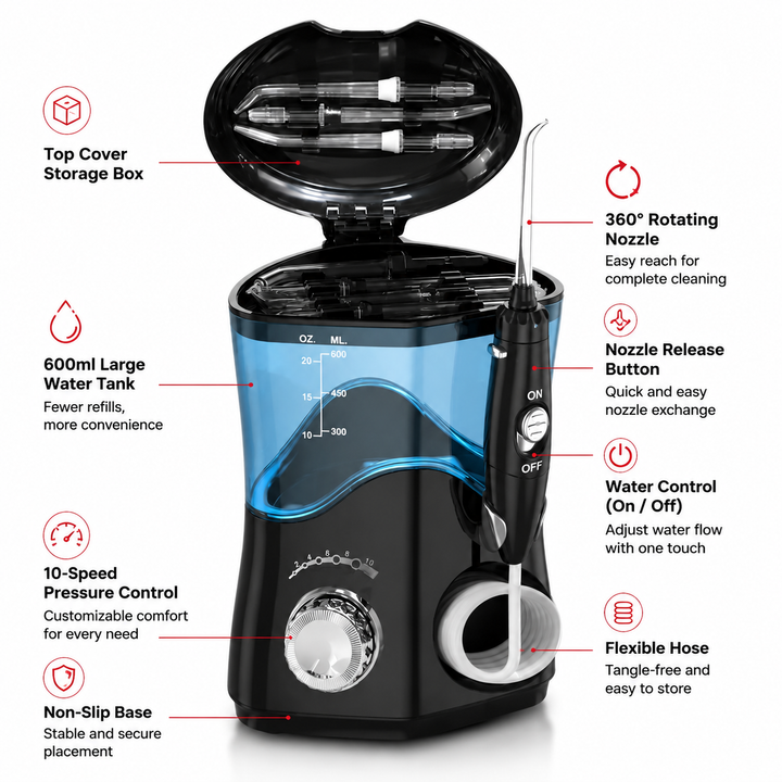 Premium 600ML Water Flosser Electric Oral Irrigator High Pulse Dental Cleaner Adjustable Pressure 7 Nozzles Gum Care Teeth Cleaning Home Use
