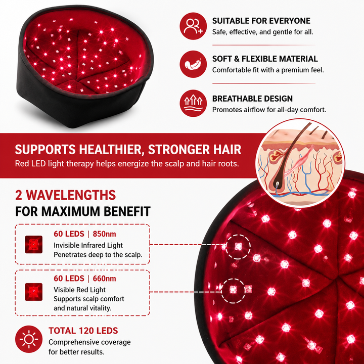 Premium 660nm 830nm LED Light Cap Red Near Infrared Scalp Therapy Wearable Hat USB Powered Relaxation Hat Pulse Mode Timer Light Therapy Device
