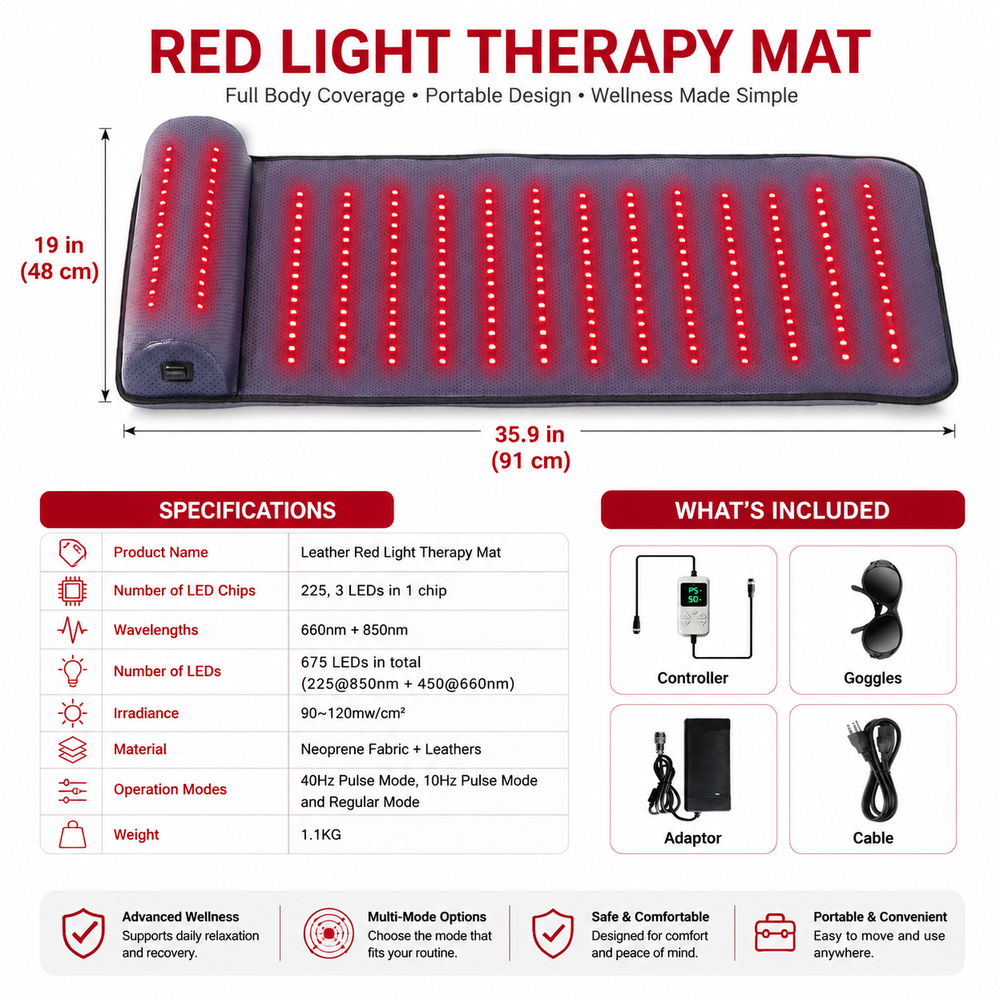 Premium 660nm and 850nm Red Light Therapy Mat LED Infrared Heating Pad 675 Beads Full Body Massage Therapy Device Neck Support Home Use System