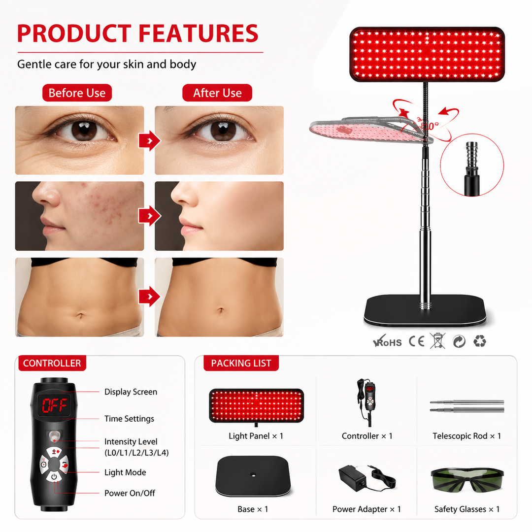 Premium 660nm and 850nm Red Light Therapy Panel 126 LED Infrared Lamp Adjustable Stand Timer 5 Level Brightness Home Face Body Light Therapy Device