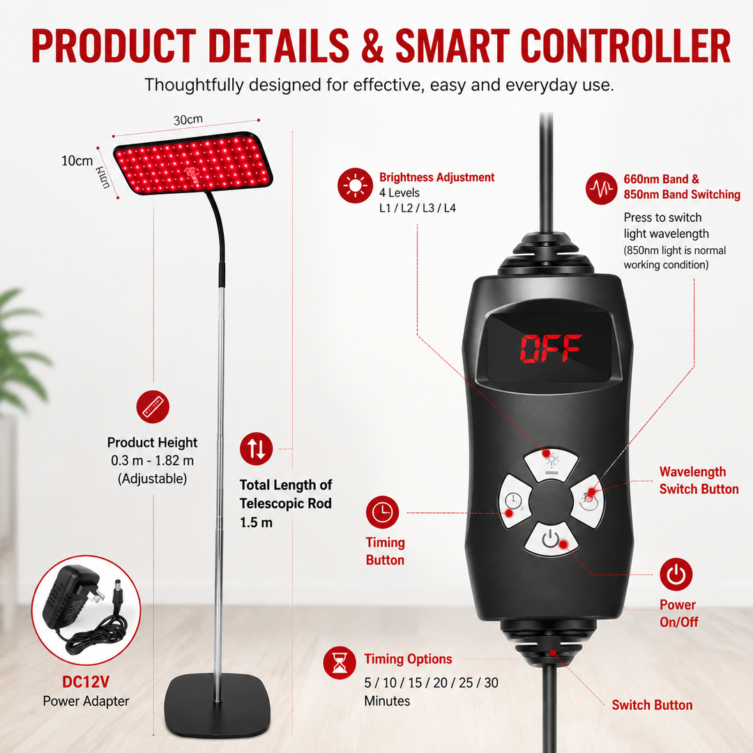 Premium 660nm and 850nm Red Light Therapy Panel 126 LED Infrared Lamp Adjustable Stand Timer 5 Level Brightness Home Face Body Light Therapy Device