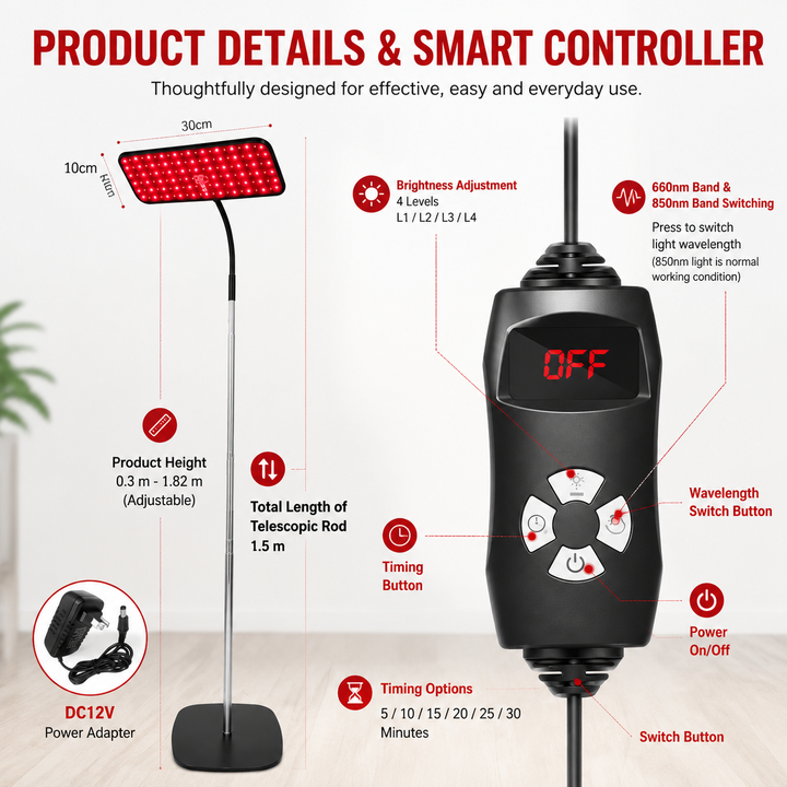 Premium 660nm and 850nm Red Light Therapy Panel 126 LED Infrared Lamp Adjustable Stand Timer 5 Level Brightness Home Face Body Light Therapy Device