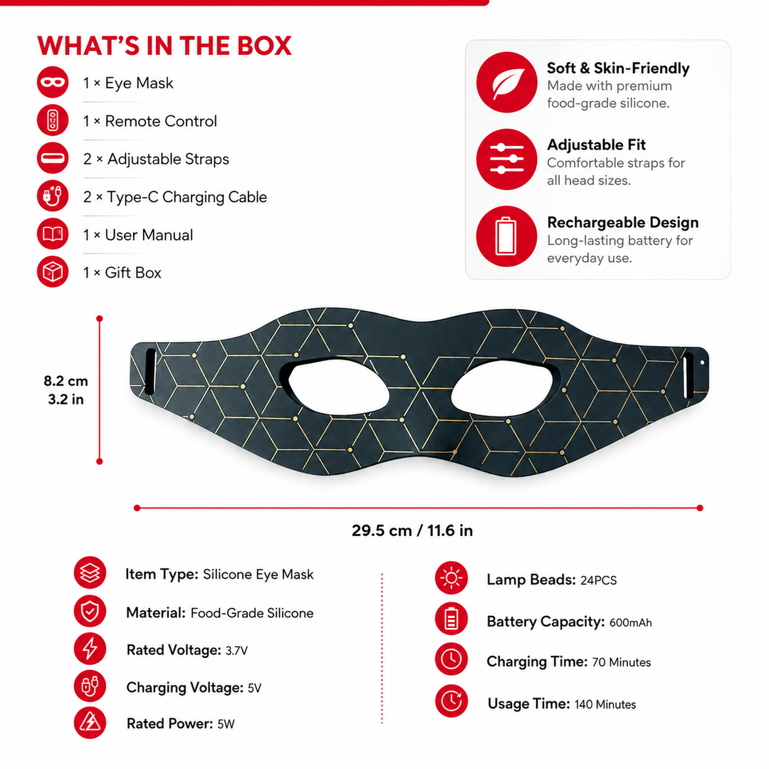 Premium 7 Color LED Eye Mask Red Light Photon Therapy Silicone Eye Care Mask 24 LED Beads Rechargeable Remote Control Relaxation Beauty Device