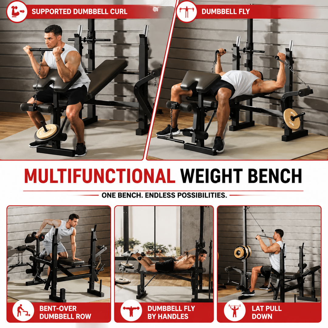 Premium 7 in 1 Strength Training Bench with Squat Rack 900 lb Capacity Adjustable Foldable Home Gym Workout Bench Multi Function Weight Training System