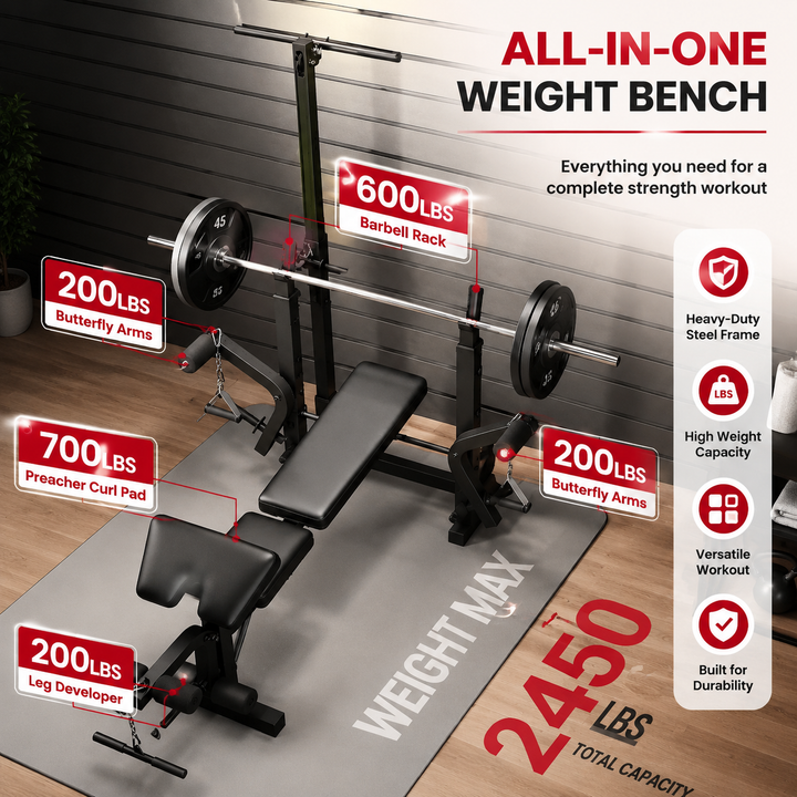 Premium 7 in 1 Strength Training Bench with Squat Rack 900 lb Capacity Adjustable Foldable Home Gym Workout Bench Multi Function Weight Training System