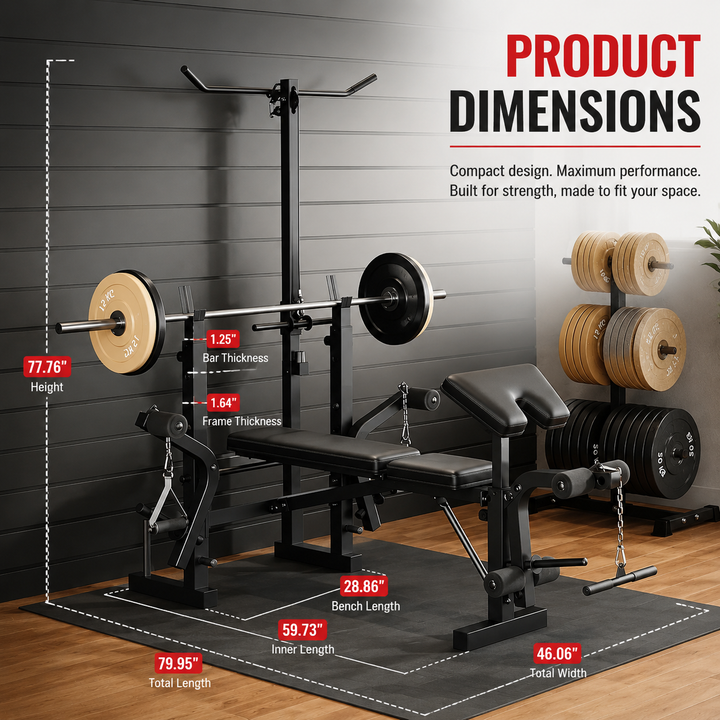 Premium 7 in 1 Strength Training Bench with Squat Rack 900 lb Capacity Adjustable Foldable Home Gym Workout Bench Multi Function Weight Training System