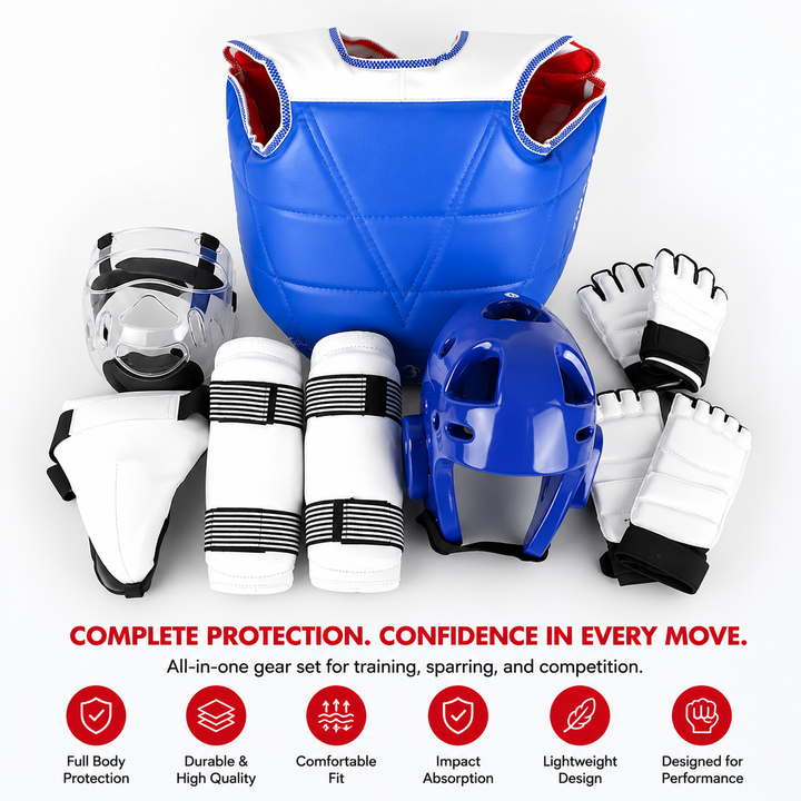Premium 8pcs Taekwondo Protective Gear Set Full Body Combat Training Equipment Helmet Chest Arm Leg Crotch Guards Martial Arts Sparring Protection Kit