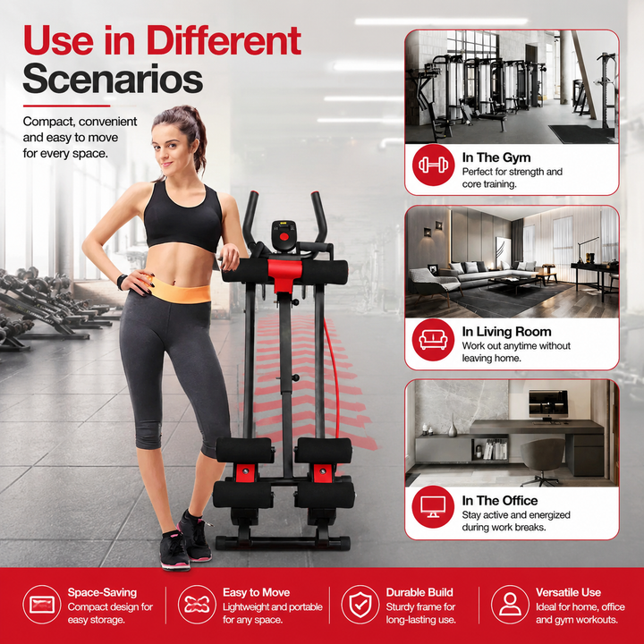 Premium Ab Machine Monorail Cruncher Adjustable Height Core Trainer 4 Resistance Levels 440 lb Capacity Foldable Abdominal Workout Equipment LCD Monitor