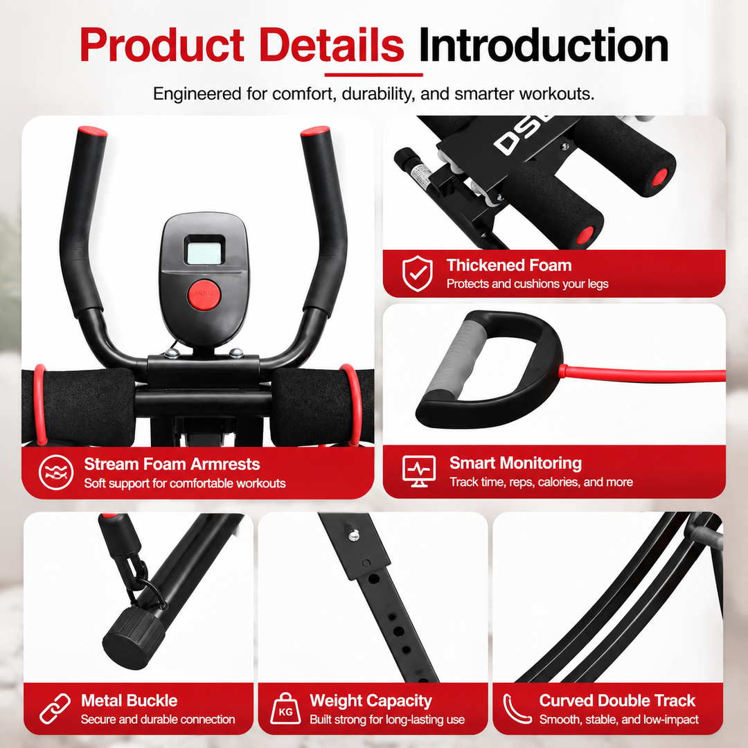 Premium Ab Machine Monorail Cruncher Adjustable Height Core Trainer 4 Resistance Levels 440 lb Capacity Foldable Abdominal Workout Equipment LCD Monitor