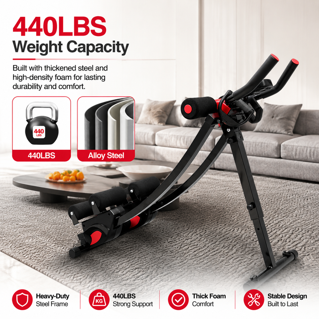 Premium Ab Machine Monorail Cruncher Adjustable Height Core Trainer 4 Resistance Levels 440 lb Capacity Foldable Abdominal Workout Equipment LCD Monitor