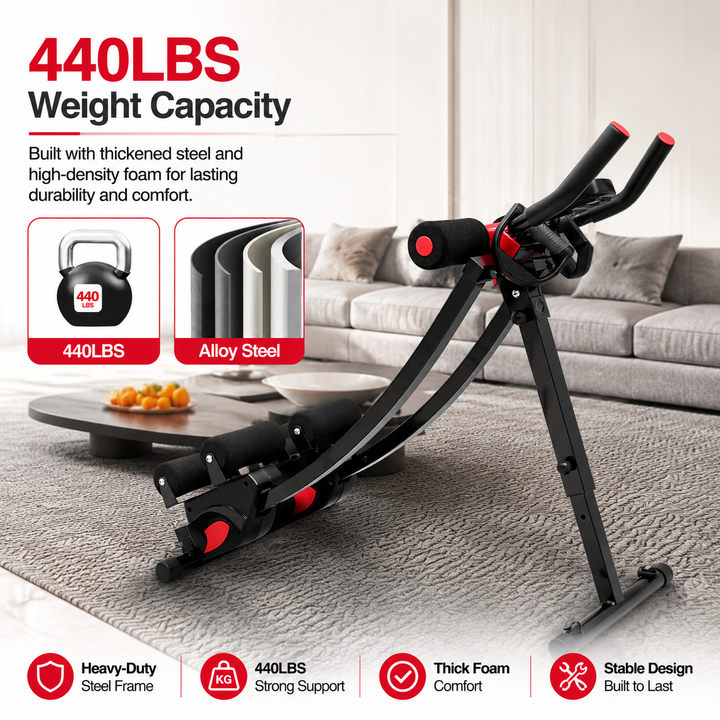 Premium Ab Machine Monorail Cruncher Adjustable Height Core Trainer 4 Resistance Levels 440 lb Capacity Foldable Abdominal Workout Equipment LCD Monitor
