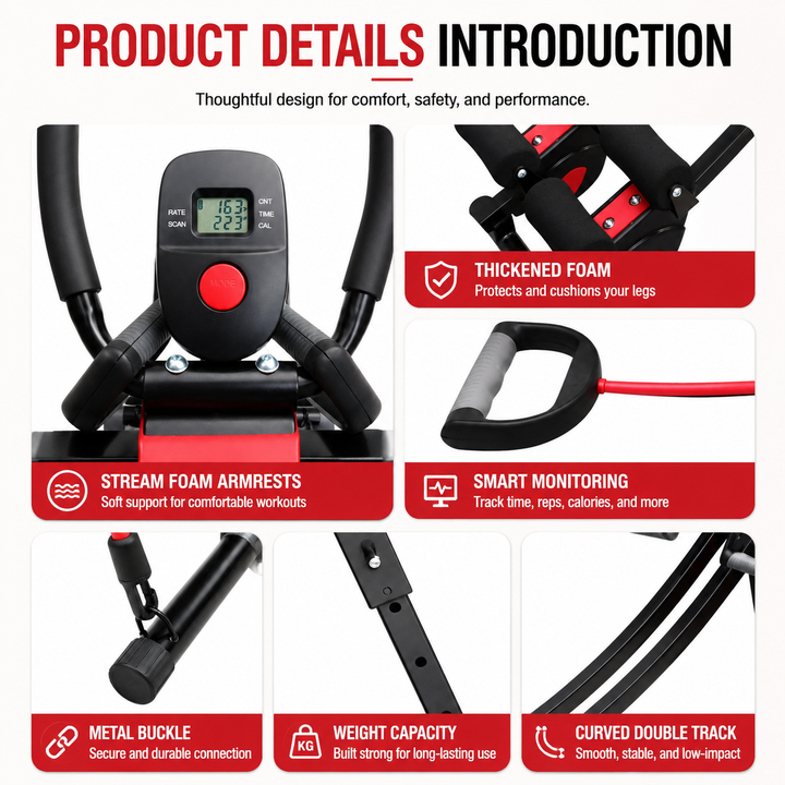 Premium Ab Machine Monorail Cruncher Adjustable Height Core Trainer 4 Resistance Levels 440 lb Capacity Foldable Abdominal Workout Equipment LCD Monitor