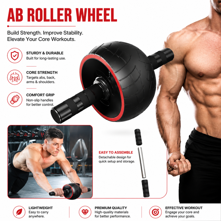 Premium Ab Roller Single Wheel Core Trainer Silent Rubber Exercise Wheel Non Slip Handles Abdominal Roller with Mat Home Gym Core Strength Training Equipment