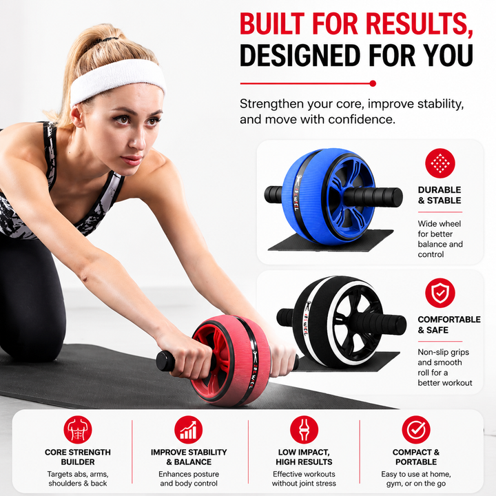 Premium Ab Wheel Abdominal Core Trainer Roller Fitness Wheel with Kneeling Pad Home Workout Abs Exercise Roller Durable PP TPR Stainless Steel