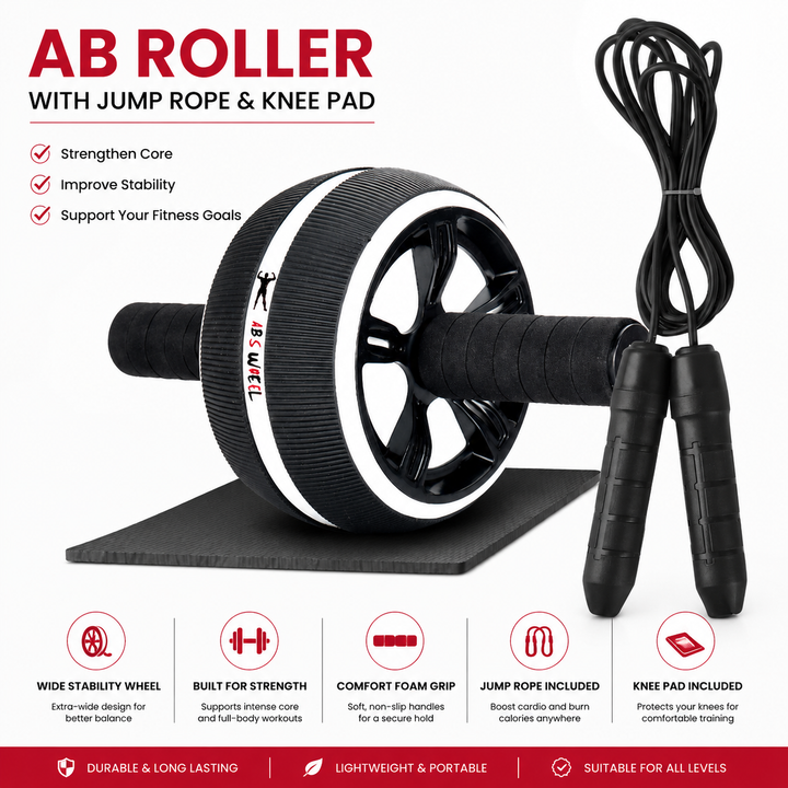 Premium Ab Wheel Abdominal Core Trainer Roller Fitness Wheel with Kneeling Pad Home Workout Abs Exercise Roller Durable PP TPR Stainless Steel