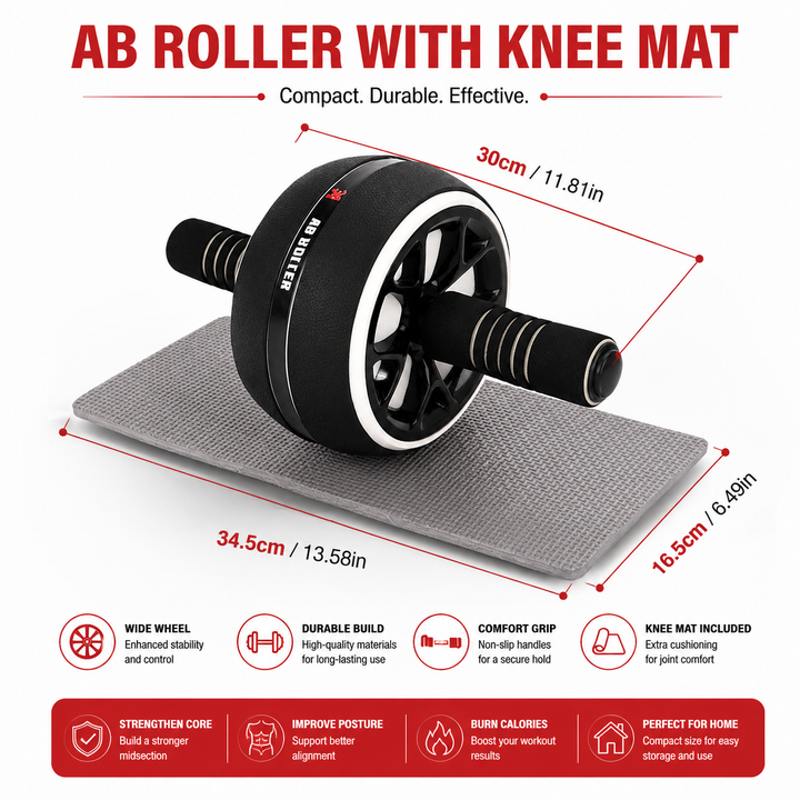 Premium Ab Wheel Roller Core Trainer Silent Abdominal Exercise Wheel Stainless Steel Core Workout Roller with Kneeling Pad Non Slip Handles Home Gym Fitness Equipment