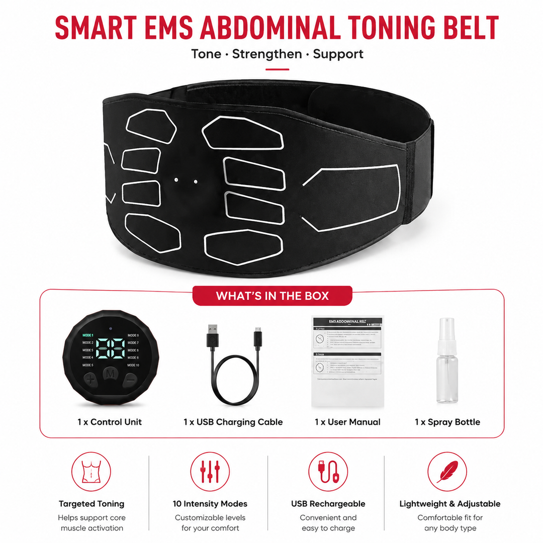 Premium Abdominal EMS Muscle Stimulator Belt USB Rechargeable 10 Programs 30 Intensity Levels Adjustable Slimming Massager Home Office Use Device