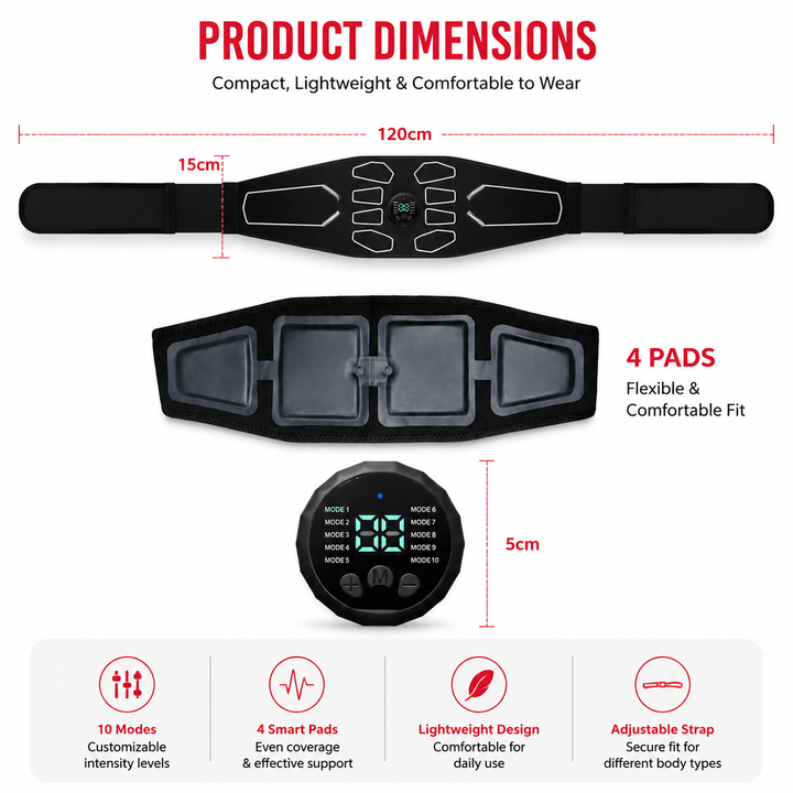 Premium Abdominal EMS Muscle Stimulator Belt USB Rechargeable 10 Programs 30 Intensity Levels Adjustable Slimming Massager Home Office Use Device