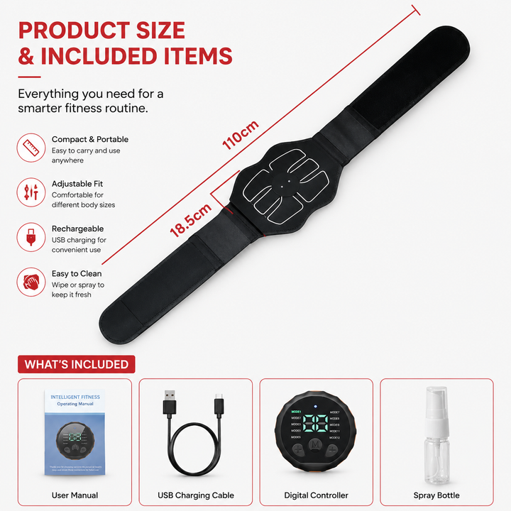 Premium Abdominal EMS Muscle Stimulator Belt USB Rechargeable 10 Programs 30 Intensity Levels Adjustable Slimming Massager Home Office Use Device