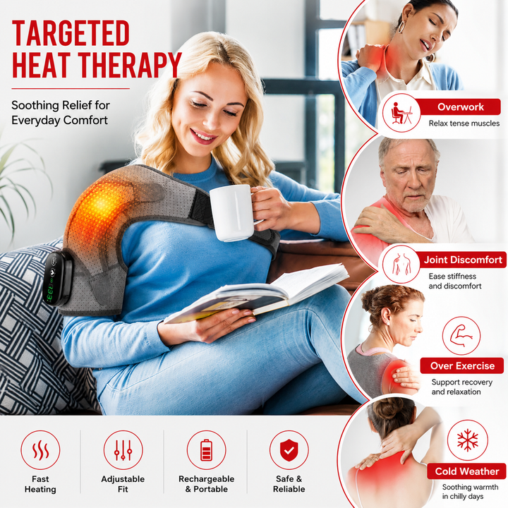 Premium Adjustable Heated Shoulder Brace Electric Vibration Compression Wrap Shoulder Support Heat Therapy Pain Relief Left Right Adjustable