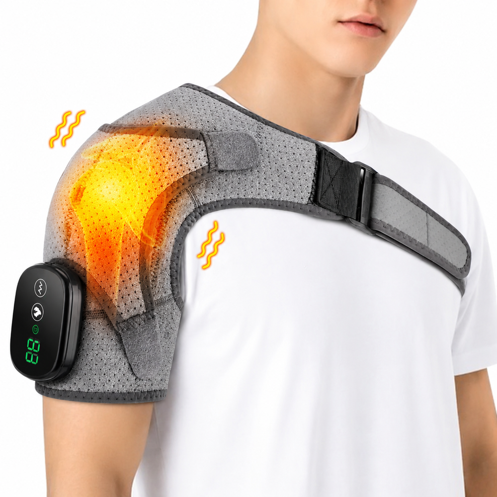 Premium Adjustable Heated Shoulder Brace Electric Vibration Compression Wrap Shoulder Support Heat Therapy Pain Relief Left Right Adjustable