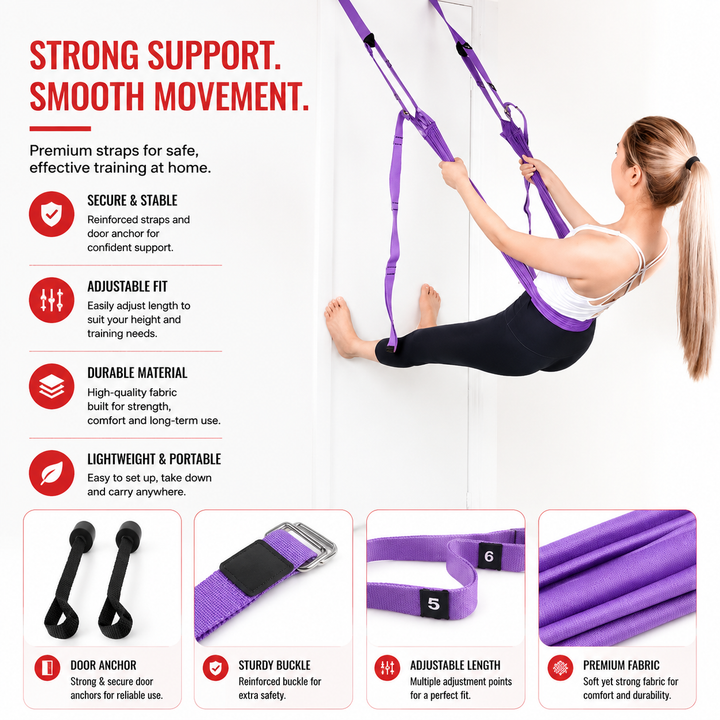 Premium Aerial Yoga Belt Adjustable Stretching Strap Elastic Support Trainer Portable Yoga Band Pilates Flexibility Fitness Home Gym Daily Use