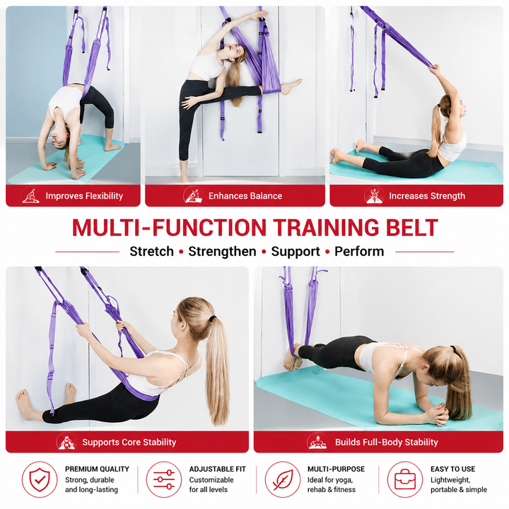 Premium Aerial Yoga Belt Adjustable Stretching Strap Elastic Support Trainer Portable Yoga Band Pilates Flexibility Fitness Home Gym Daily Use