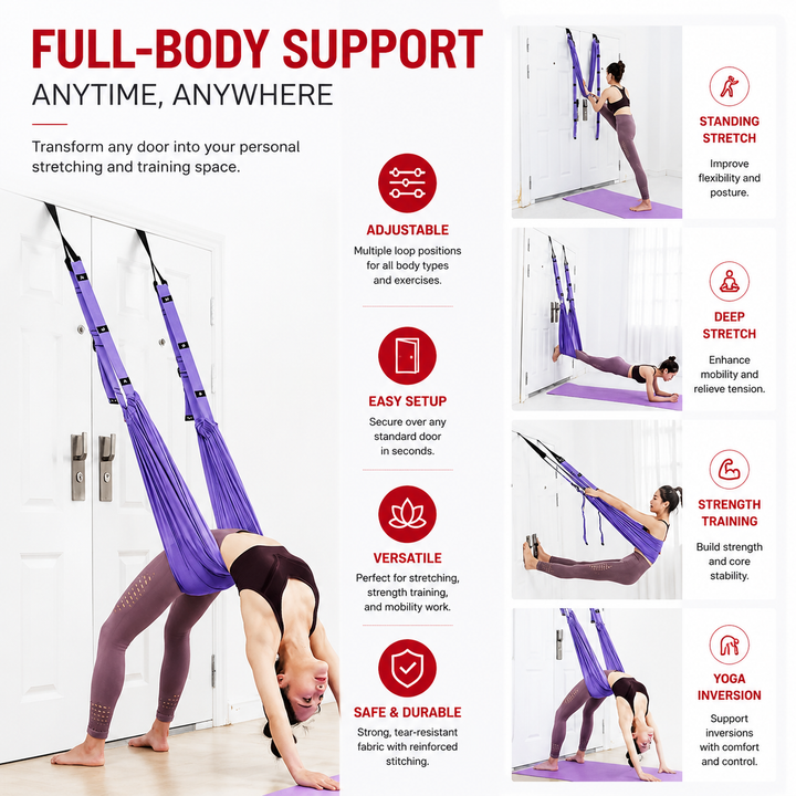 Premium Aerial Yoga Belt Adjustable Stretching Strap Elastic Support Trainer Portable Yoga Band Pilates Flexibility Fitness Home Gym Daily Use