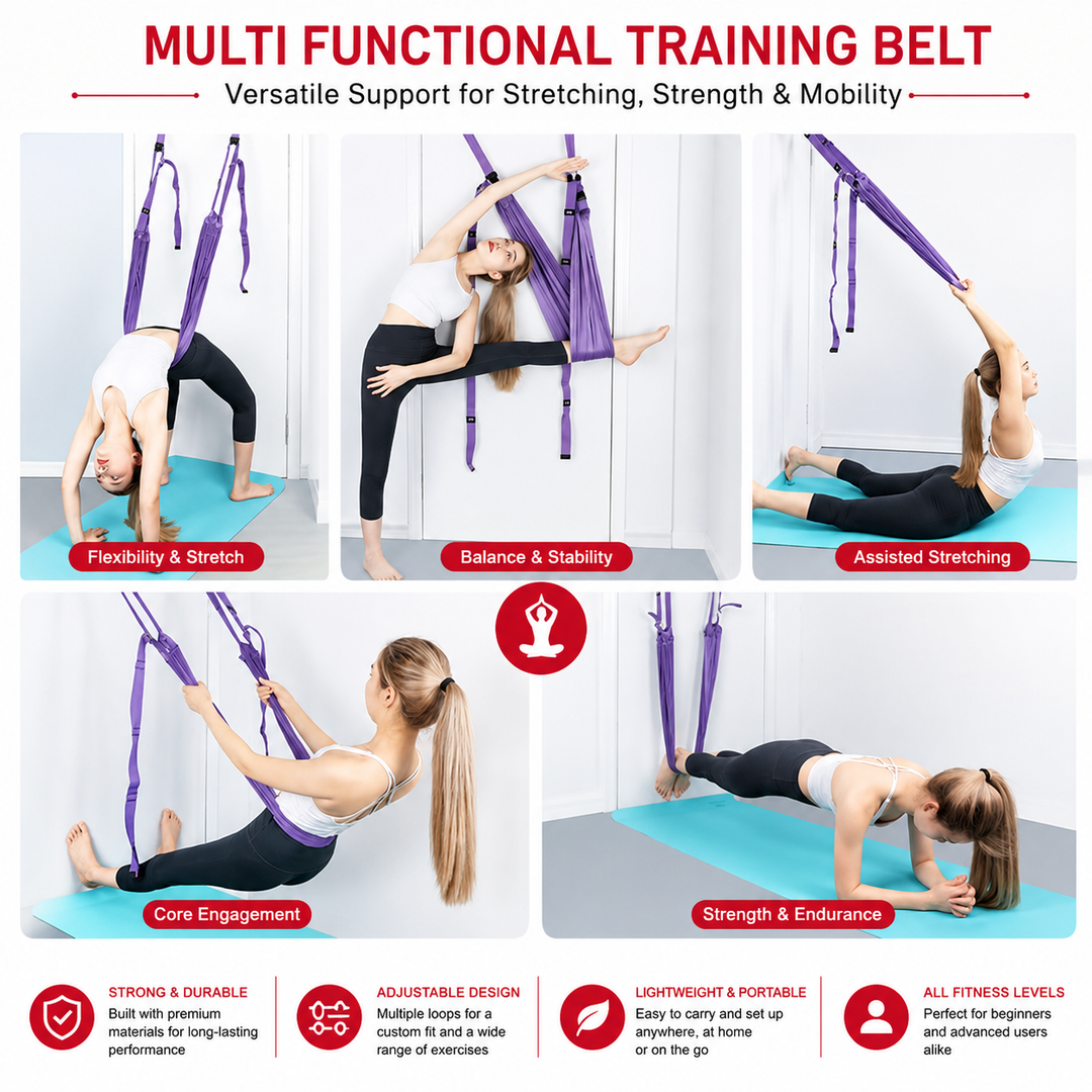 Premium Aerial Yoga Belt Durable Elastic Inversion Trainer Yoga Fitness Stretching Thick Fabric Split Flexibility Training Adults Kids Seniors Support Strap