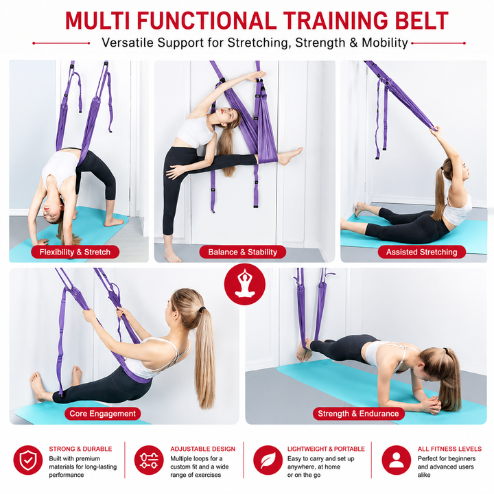 Premium Aerial Yoga Belt Durable Elastic Inversion Trainer Yoga Fitness Stretching Thick Fabric Split Flexibility Training Adults Kids Seniors Support Strap