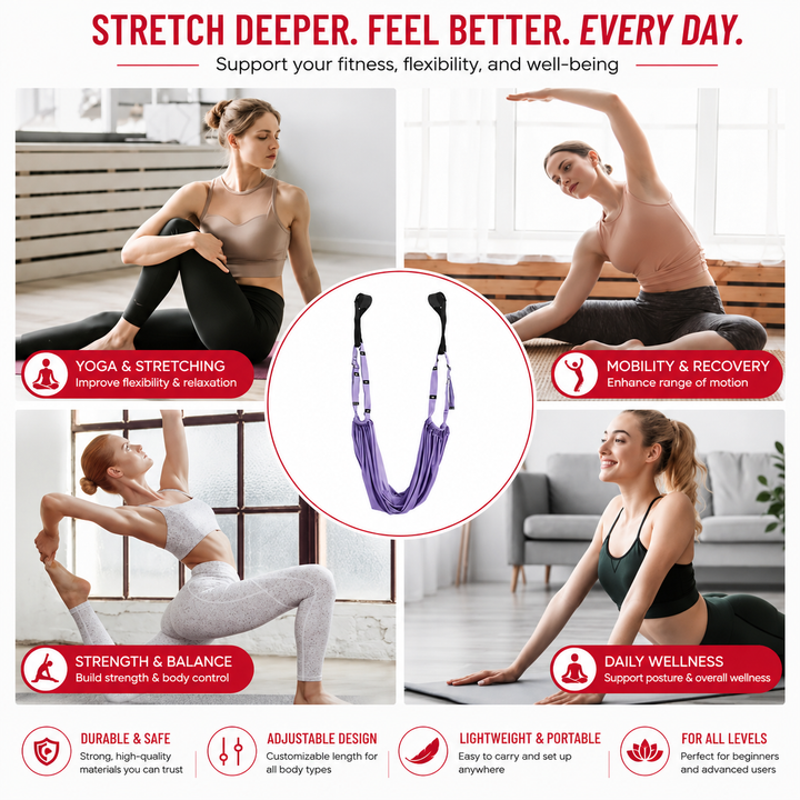 Premium Aerial Yoga Belt Durable Elastic Inversion Trainer Yoga Fitness Stretching Thick Fabric Split Flexibility Training Adults Kids Seniors Support Strap